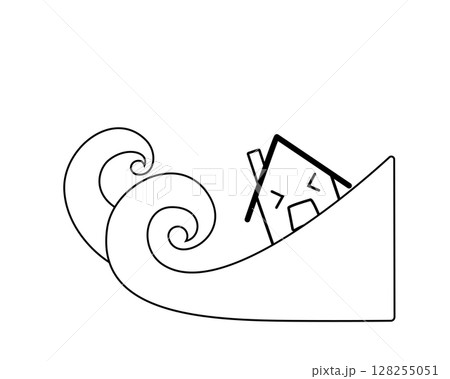 洪水で流される家のシンプルな白黒イラスト 洪水で流される家のシンプルな白黒イラスト 128255051