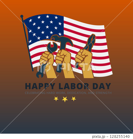 Labor Day Graphic with Fists Holding Tools and Large USA Flag 128255140