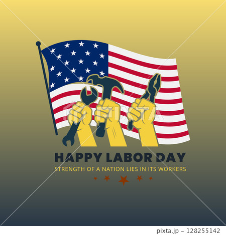 Labor Day Graphic with Raised Hands, Tools and American Flag 128255142