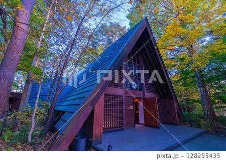 【秋素材】紅葉シーズンの霧に包まれた軽井沢の風景【長野県】 128255435