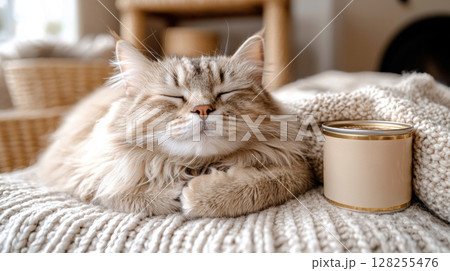 Glistening wet cat food is elegantly displayed in crystal glass bowl next premium gold labeled canned product scene exudes luxurious touch for discerning pet owners 128255476