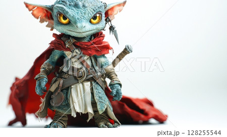 Featuring small, scaly kobold displaying curious and clever expression, character showcases glowing yellow eyes and sharp claws, dressed tiny dagger and red cloak 128255544