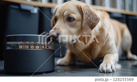 Labrador Retriever drinks from modern pet water dispenser equipped LED lights showing water levels and filtration status innovative design promotes healthy hydration for pets 128255569
