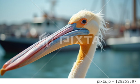 Photorealistic Macro Portrait of Pelican Beak and Eye with Blurred Harbor Background 128255597