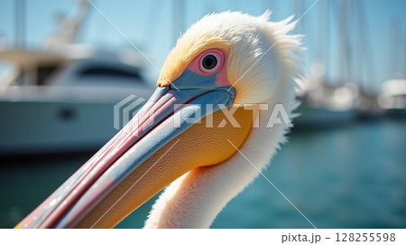 Photorealistic Extreme Close-up of Pelican Beak and Eye in Harbor Setting 128255598