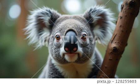 Photorealistic Macro Koala Face with Detailed Fur in Eucalyptus Forest Photorealistic Macro Koala Face with Detailed Fur in Eucalyptus Forest 128255603