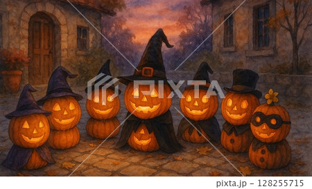 仮装かぼちゃたちが集うハロウィンの村広場 仮装かぼちゃたちが集うハロウィンの村広場 128255715