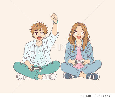 Animated Teens Enjoying Video Game on Couch 128255751