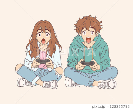 Excited Teenagers Playing Video Games Together 128255753