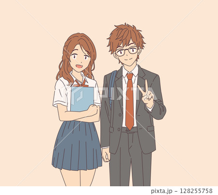 Anime Style Students in Uniforms Smiling Anime Style Students in Uniforms Smiling 128255758