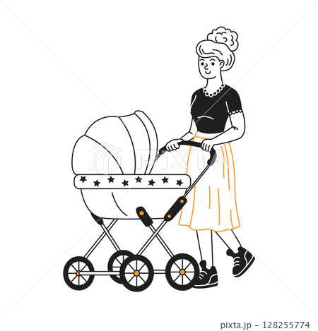 Woman Walking with Baby Stroller in Minimalist Style 128255774