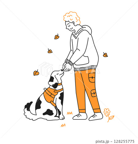 Person and Dog in Simple Line Art Style 128255775
