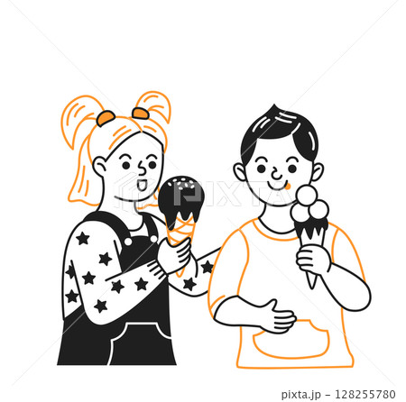 Children Enjoying Ice Cream in Simple Illustration 128255780