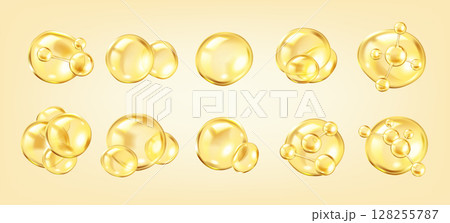 Golden collagen molecules in serum bubbles illustration 128255787