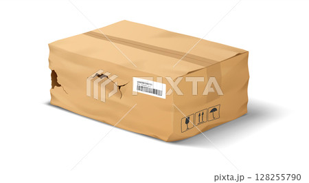 Damaged Cardboard Package with Bar Code on White Background 128255790