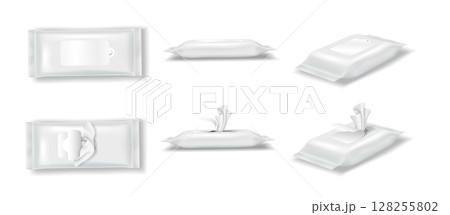 Vector illustration of white wet wipes packaging set 128255802