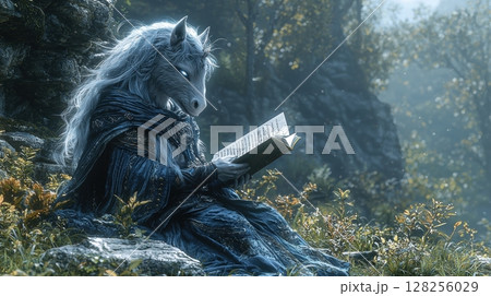 dignified centaur gray streaks in his flowing mane sits peacefully on soft grass He reads ancient scroll, embodying wisdom and contemplation, surrounded nature's tranquility 128256029