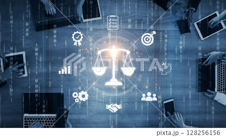 Digital law interface displaying justice scale, highlighting digital law Muxer 128256156