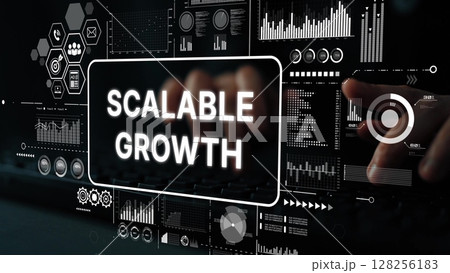 Hands on Keyboard with Digital Interface Displaying Graphs and Metrics for Scalable Growth in Business Strategy and Development. Asymptotic smart data analytic 128256183