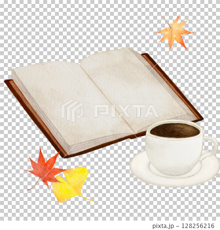 書籍、水彩畫、古董、楓葉、咖啡、銀杏、插畫 128256216