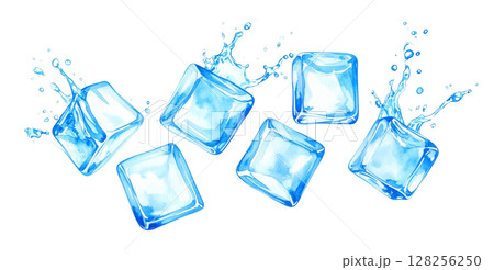 弾ける氷と水しぶきの水彩イラスト 128256250