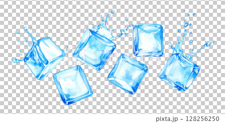弾ける氷と水しぶきの水彩イラスト 128256250