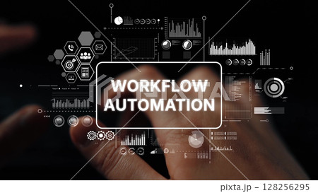 Hands Using Touchscreen Technology for Workflow Automation with Digital Graphs and Icons in Background. Asymptotic smart data analytic 128256295