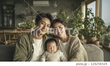 リビングでくつろぐ3人家族 128256324