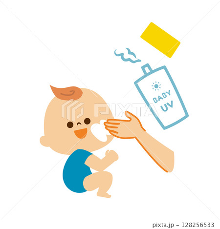 紫外線対策　赤ちゃんに日焼け止めを塗る　イラスト素材 128256533