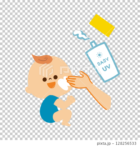 紫外線対策　赤ちゃんに日焼け止めを塗る　イラスト素材 128256533