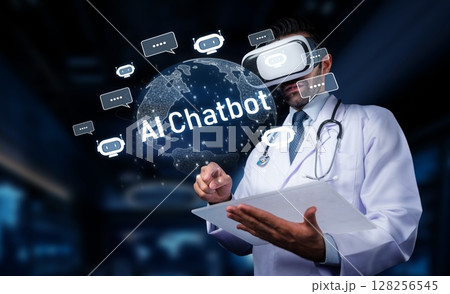 Medical Professional Using Virtual Reality Technology with Chatbot Interface in a Futuristic Medical Environment. PHMT 128256545