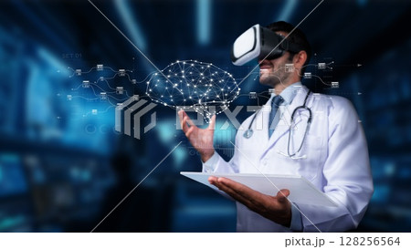 Doctor using virtual reality headset to visualize neural connections and brain activity in a high-tech medical environment with modern technology interface. PHMT 128256564