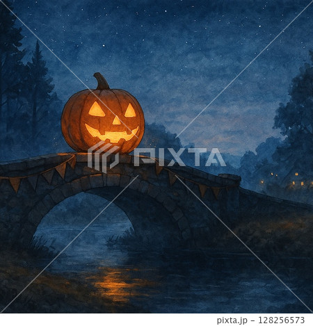 橋の上に浮かぶカボチャの灯り 橋の上に浮かぶカボチャの灯り 128256573