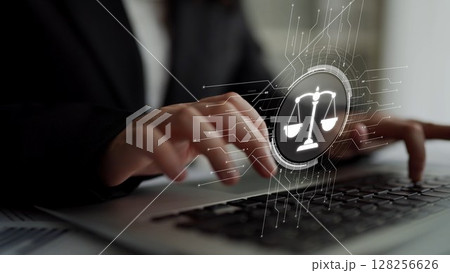 Digital law interface displaying justice scale, highlighting digital law Muxer 128256626