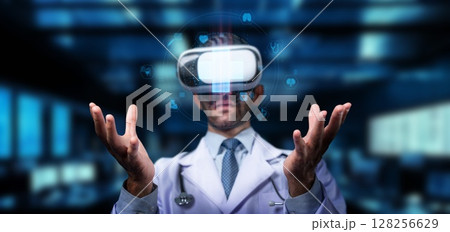 Innovative Medical Professional Using Virtual Reality Technology for Advanced Healthcare Solutions and Patient Engagement in Modern Clinic Setting. PHMT 128256629