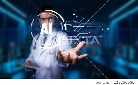 Doctor in a Lab Coat Interacting with Artificial Intelligence Technology in a Modern Medical Environment. PHMT 128256650