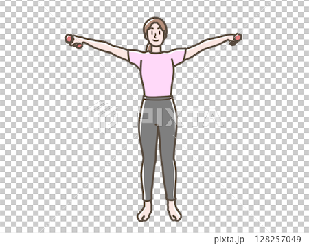 Illustration of a woman doing dumbbell exercises Illustration of a woman doing dumbbell exercises 128257049