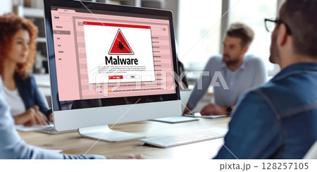 Cyber attack malware alert show computer screen display threat detected brisk 128257105