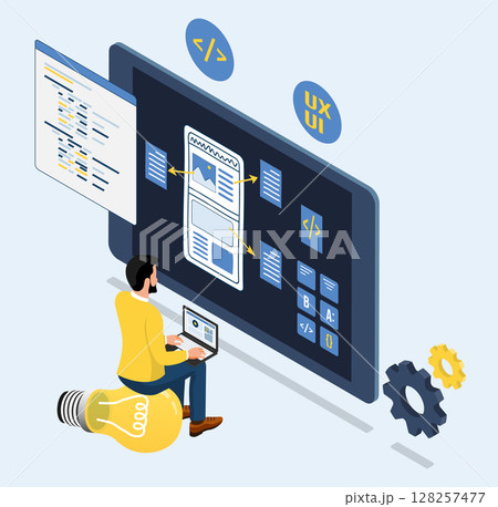 UX UI mobile application development with programmer working in a software developer company office. Developing programming and coding technologies concept. 128257477