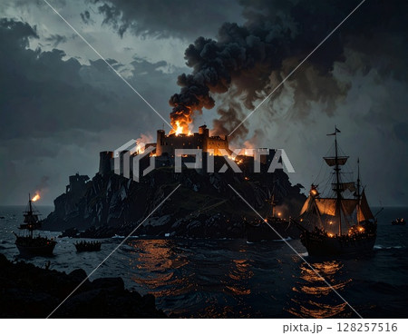 暗闇の中船からの攻撃で燃える城 ai生成画像 128257516