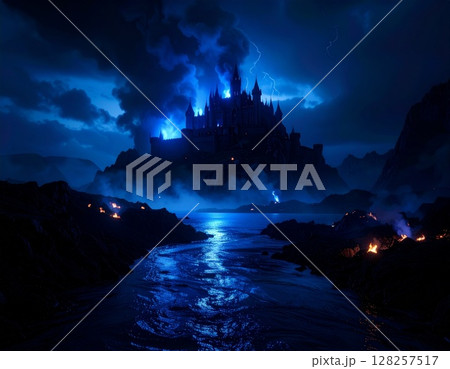 燃える大地と暗黒の海の向こうに青白く光る不気味な城 ai生成画像 燃える大地と暗黒の海の向こうに青白く光る不気味な城 ai生成画像 128257517