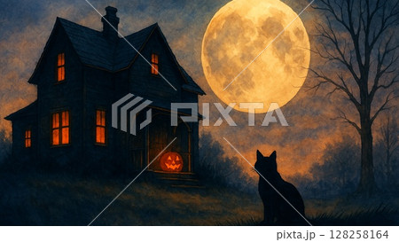 満月に照らされた黒猫と洋館の夜 満月に照らされた黒猫と洋館の夜 128258164
