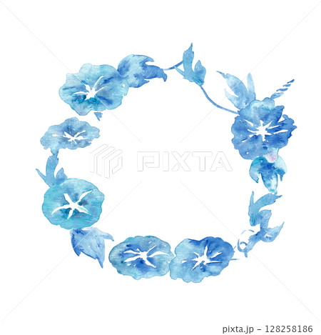 水彩画。水彩タッチの朝顔ベクターイラストフレーム。夏の朝顔フレーム素材。 128258186