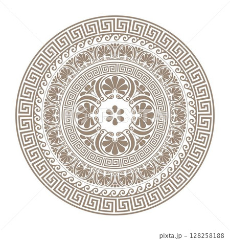 Gold round frame with Greek ornament. Classic Greek key, wave, floral meanders. Patterns of Greece, ancient Rome. Greek key meanders. Round greek frame. Circle european border. Vitruvian wave.  128258188