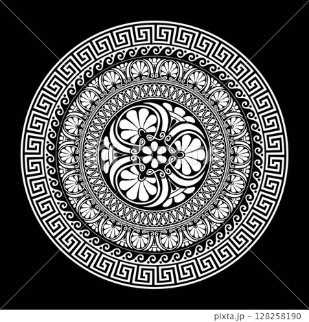 Round frame with Greek ornament. Classic Greek key, wave, floral meanders. Patterns of Greece, ancient Rome. Greek key meanders. Round greek frame. Circle european border. For textile, engraving 128258190