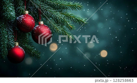 Red christmas baubles on snowy fir branch winter holiday background 128258663
