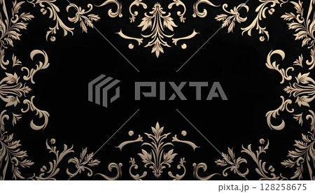 Intricate black ornamental wallpaper, royal damask design with elegant flourish 128258675