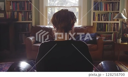 Woman sitting by window in cozy room with bookshelves 128258700