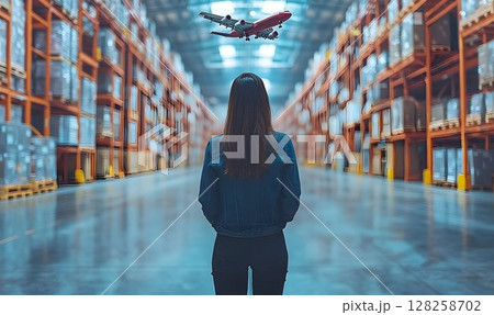 Woman in warehouse watching airplane global logistics concept 128258702