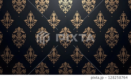 Floral scroll pattern in black tones, rich and classy damask texture background 128258764